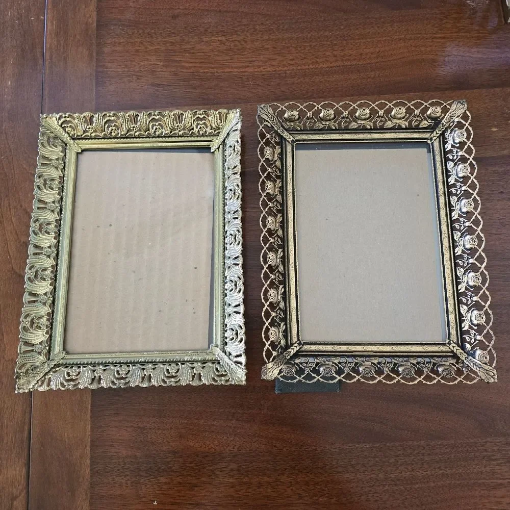Vintage Ornate‎ Brass Photo Frame Set Gold Tone MCM Filigree Flowers Easel